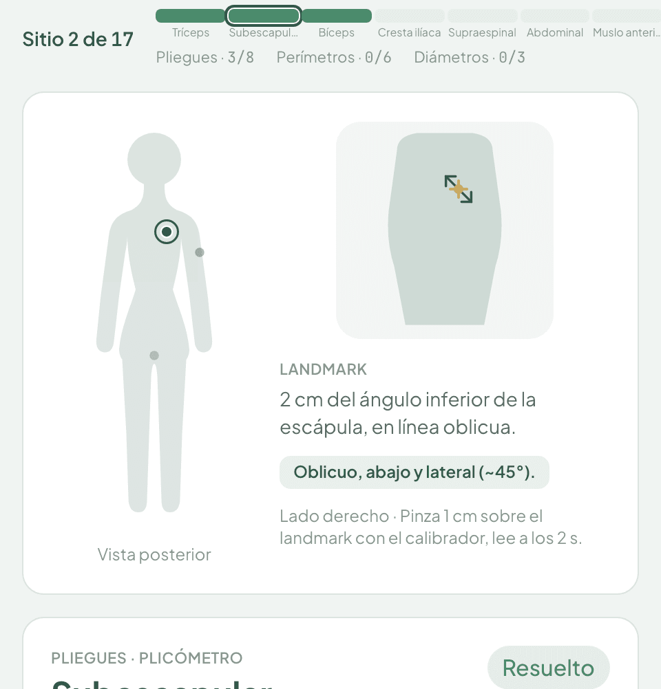Captura de antropometría en Kinti: silueta con el punto a medir, indicación del pliegue y avance por sitio
